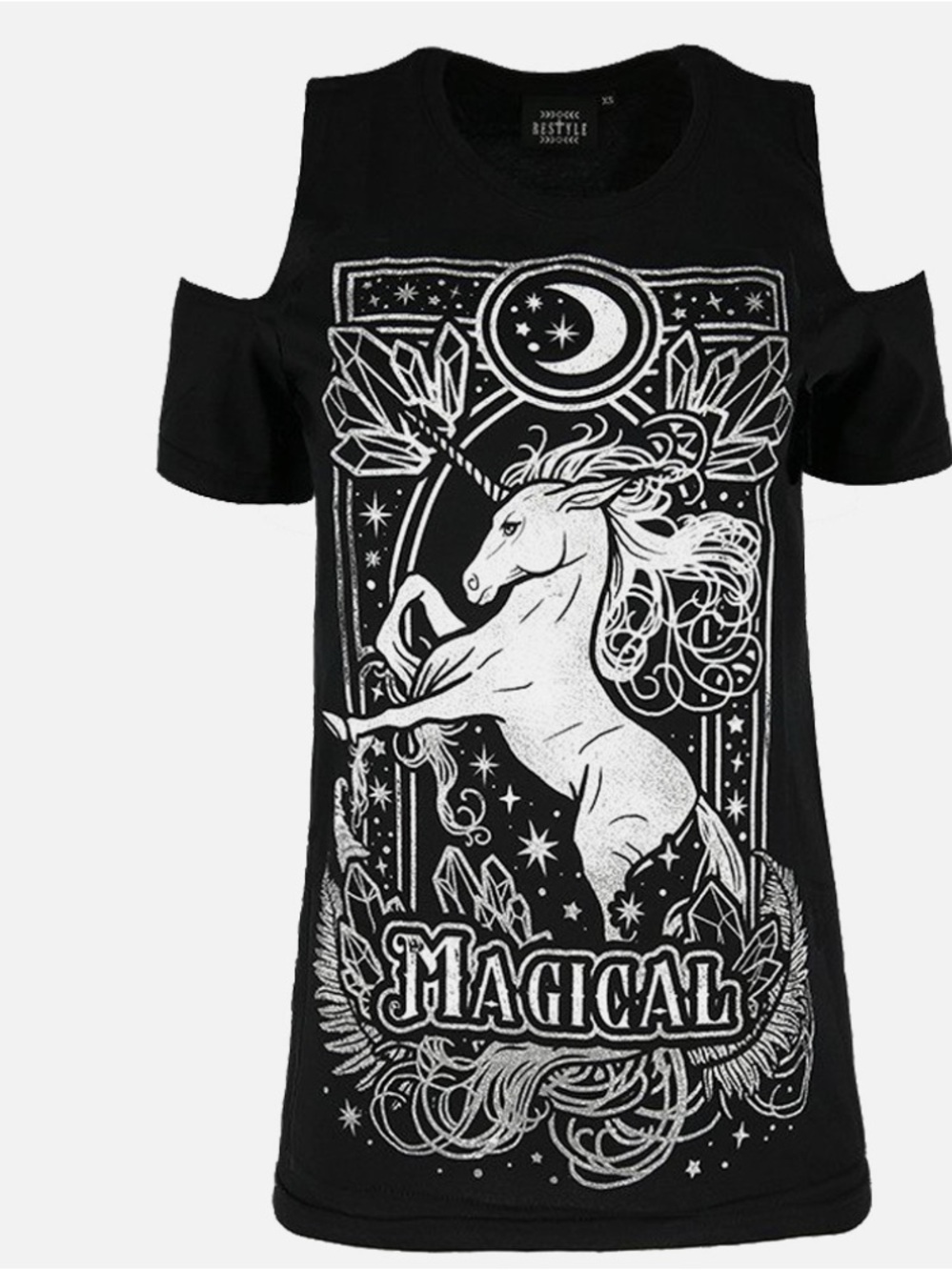 Restyle Black Magical Unicorn Cold-Shoulder Women’s Top